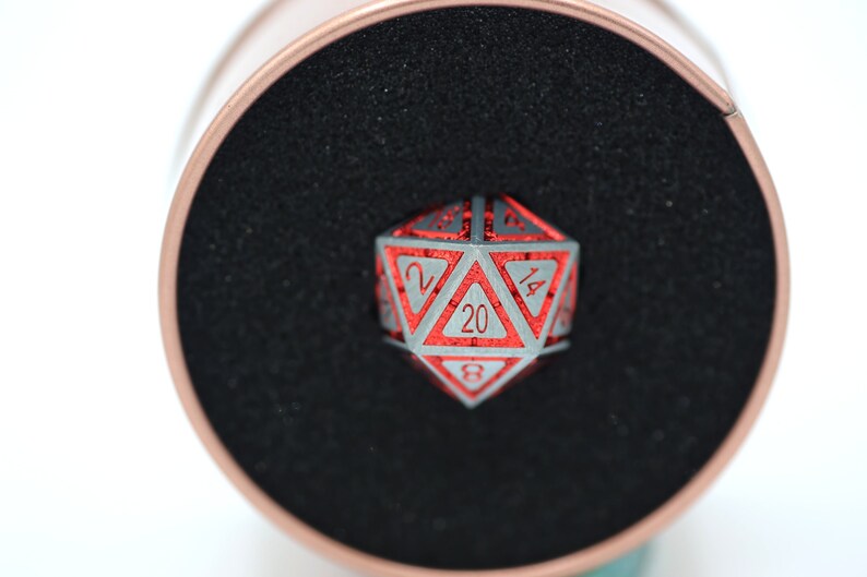 Single Solid Metal Leyline d20 Dice - Gunmetal with Red Chrome Inlay